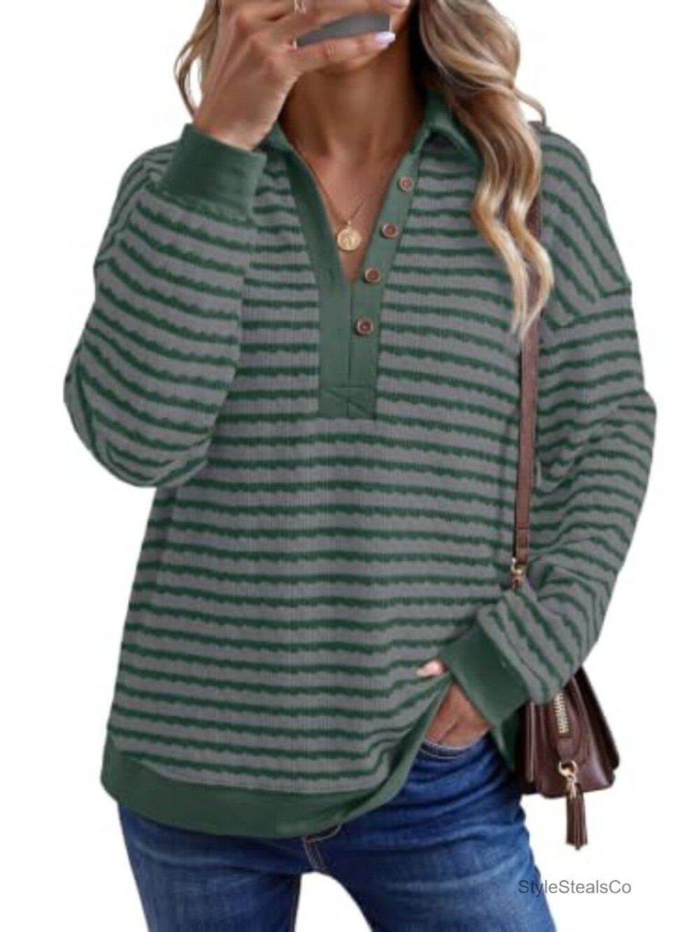 Oversized Lightweight Henley Neck Pullover Sweatshirt Soft Stretchy Knit Women